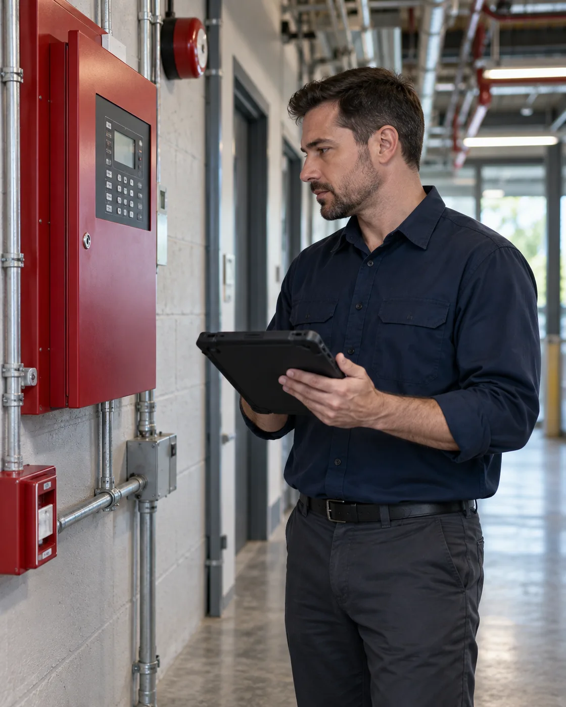 Field technician using a tablet beside a fire alarm control panel